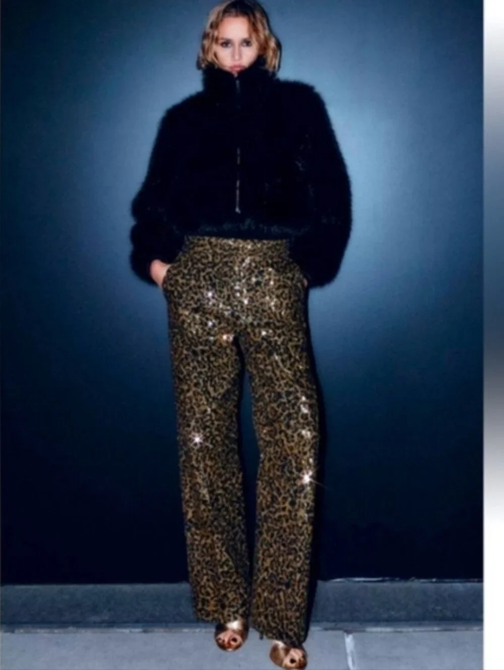 ZARA ANIMAL PRINT SEQUIN STRAIGHT LEG PANTS SIZE M